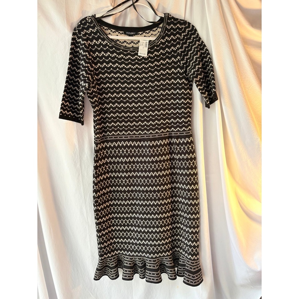 Roz & Ali Black White Geometric Knit Ruffle Hem Sweater‎ Dress Large NWT 0756908